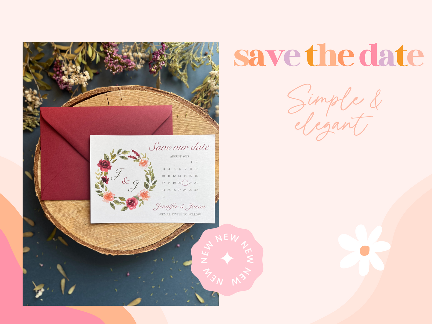 Burgundy Wreath Save the Date | Save our Date Wedding Invitations | Wedding Stationery | Calendar Save the Date