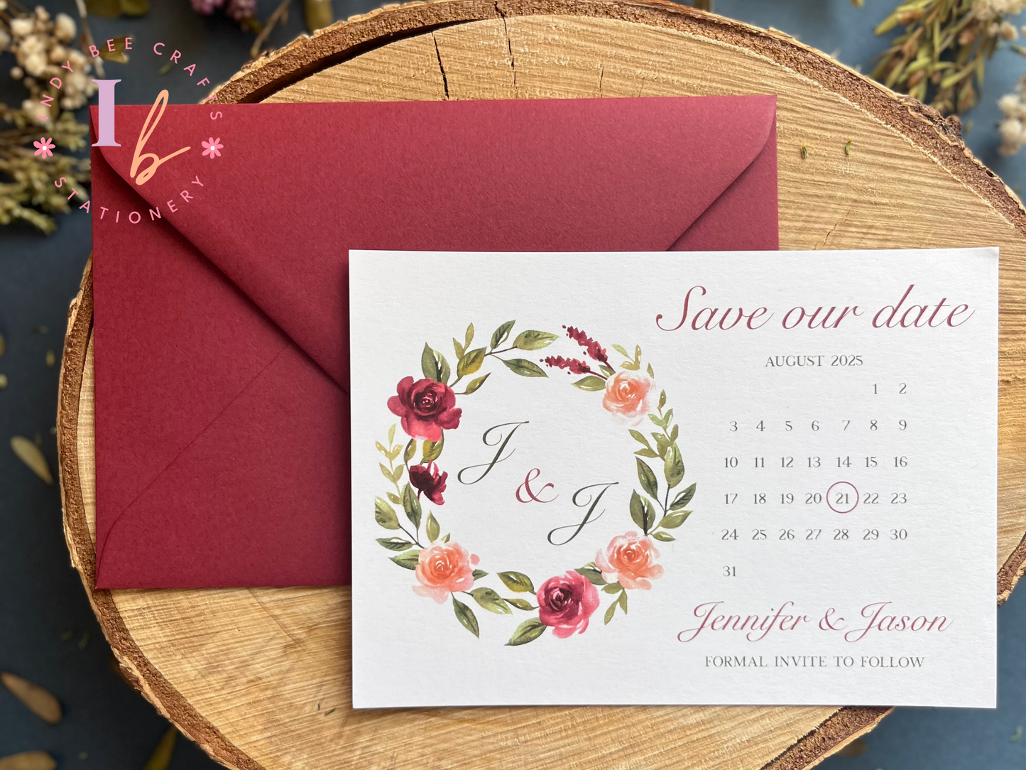 Burgundy Wreath Save the Date | Save our Date Wedding Invitations | Wedding Stationery | Calendar Save the Date