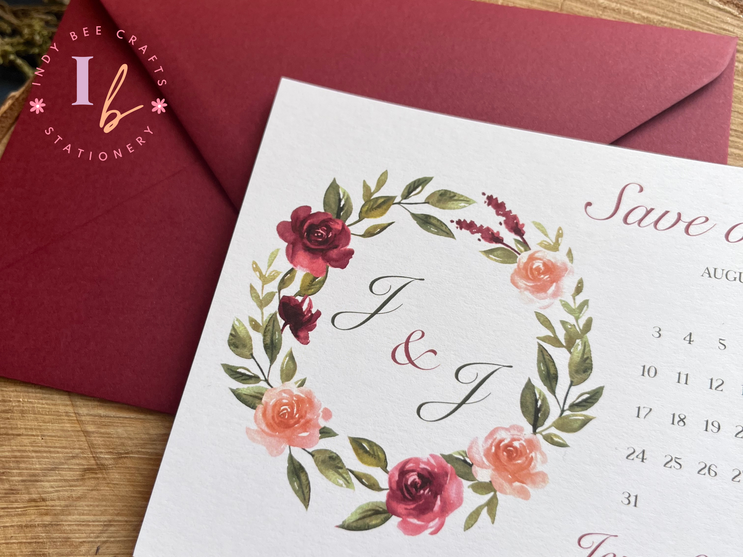 Burgundy Wreath Save the Date | Save our Date Wedding Invitations | Wedding Stationery | Calendar Save the Date