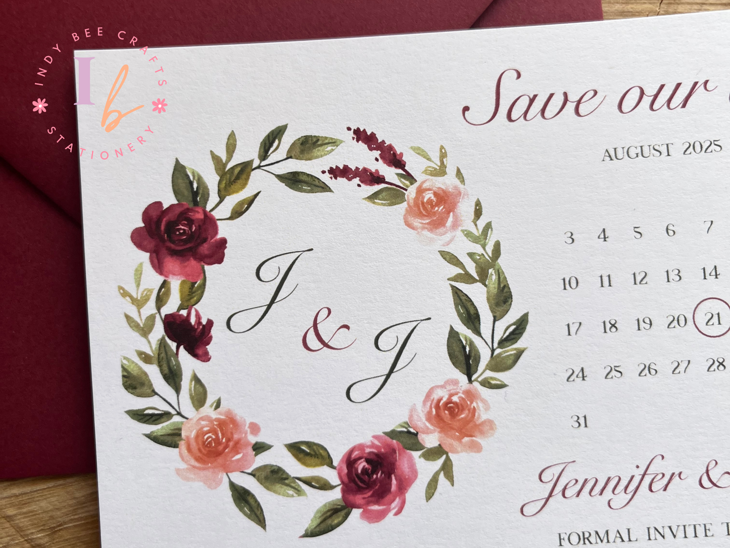 Burgundy Wreath Save the Date | Save our Date Wedding Invitations | Wedding Stationery | Calendar Save the Date