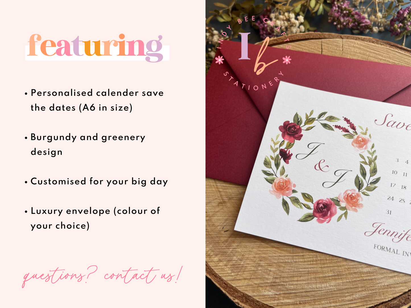 Burgundy Wreath Save the Date | Save our Date Wedding Invitations | Wedding Stationery | Calendar Save the Date