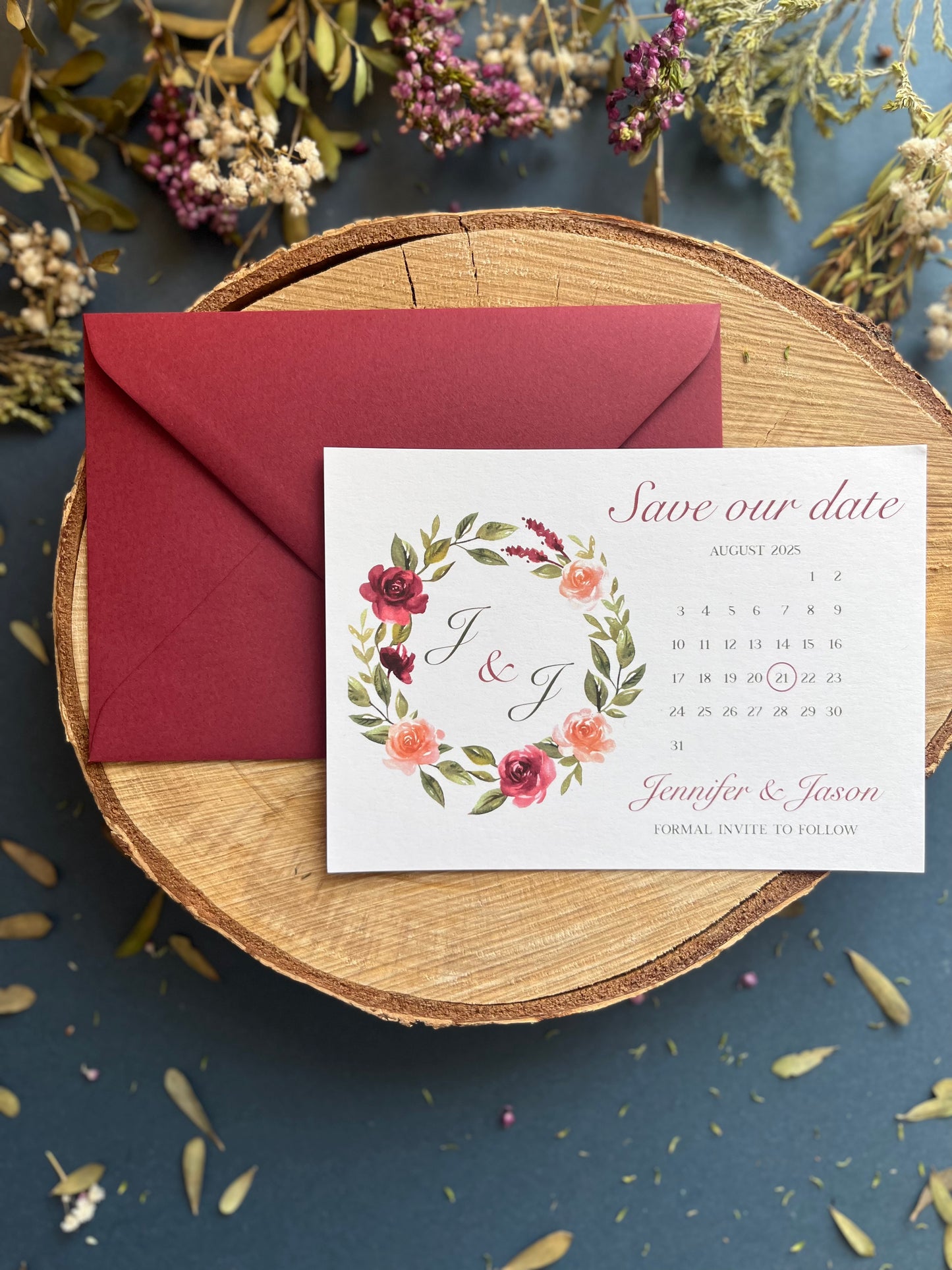 Burgundy Wreath Save the Date | Save our Date Wedding Invitations | Wedding Stationery | Calendar Save the Date