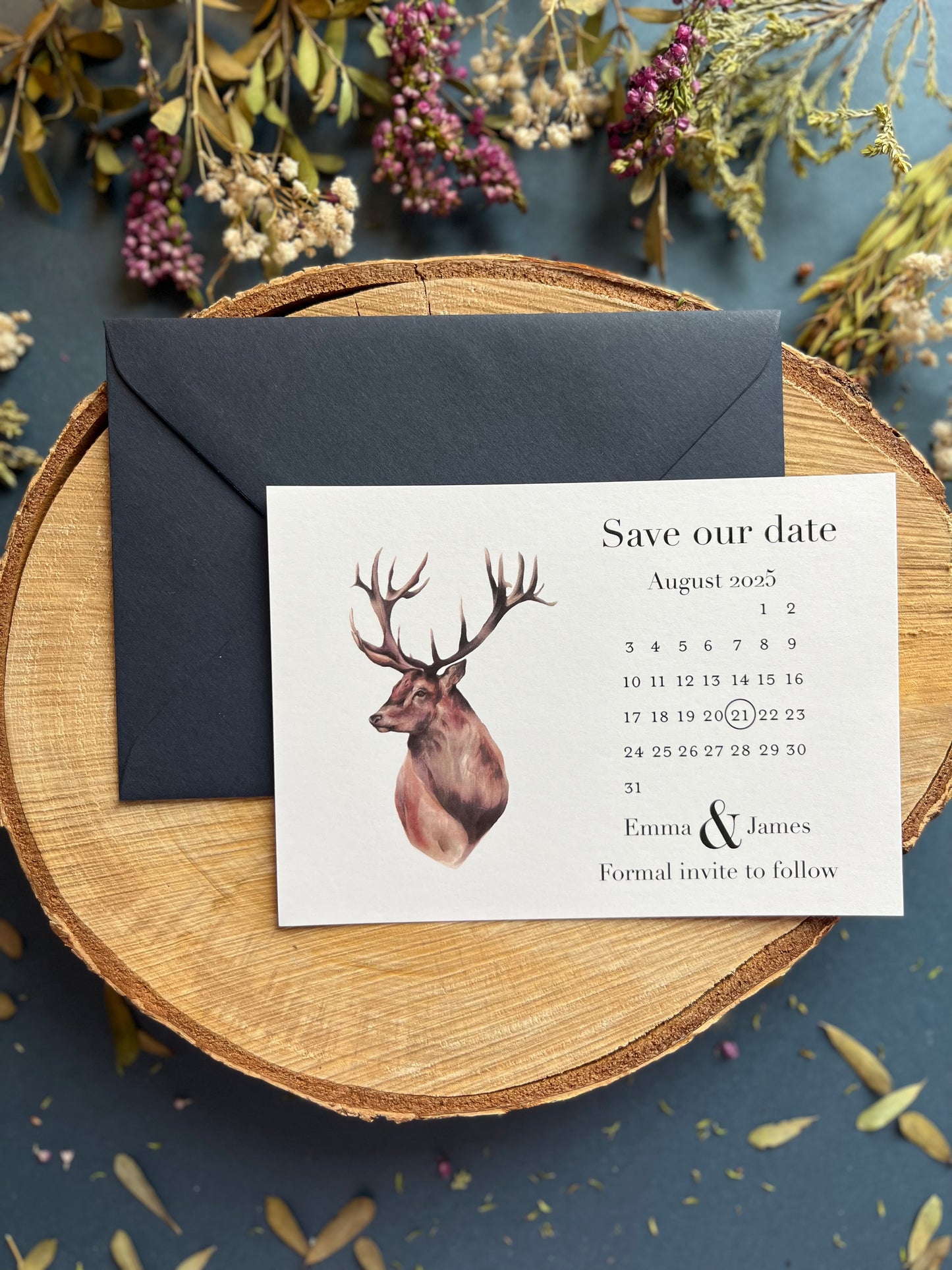 Save the date calendar with watercolour stag design, Rustic save the dates, Scottish wedding invitations