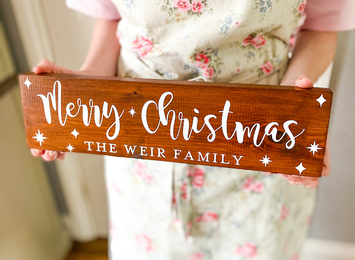 Merry Christmas Free Standing Wooden Sign, Dark Walnut Stain, White Writing
