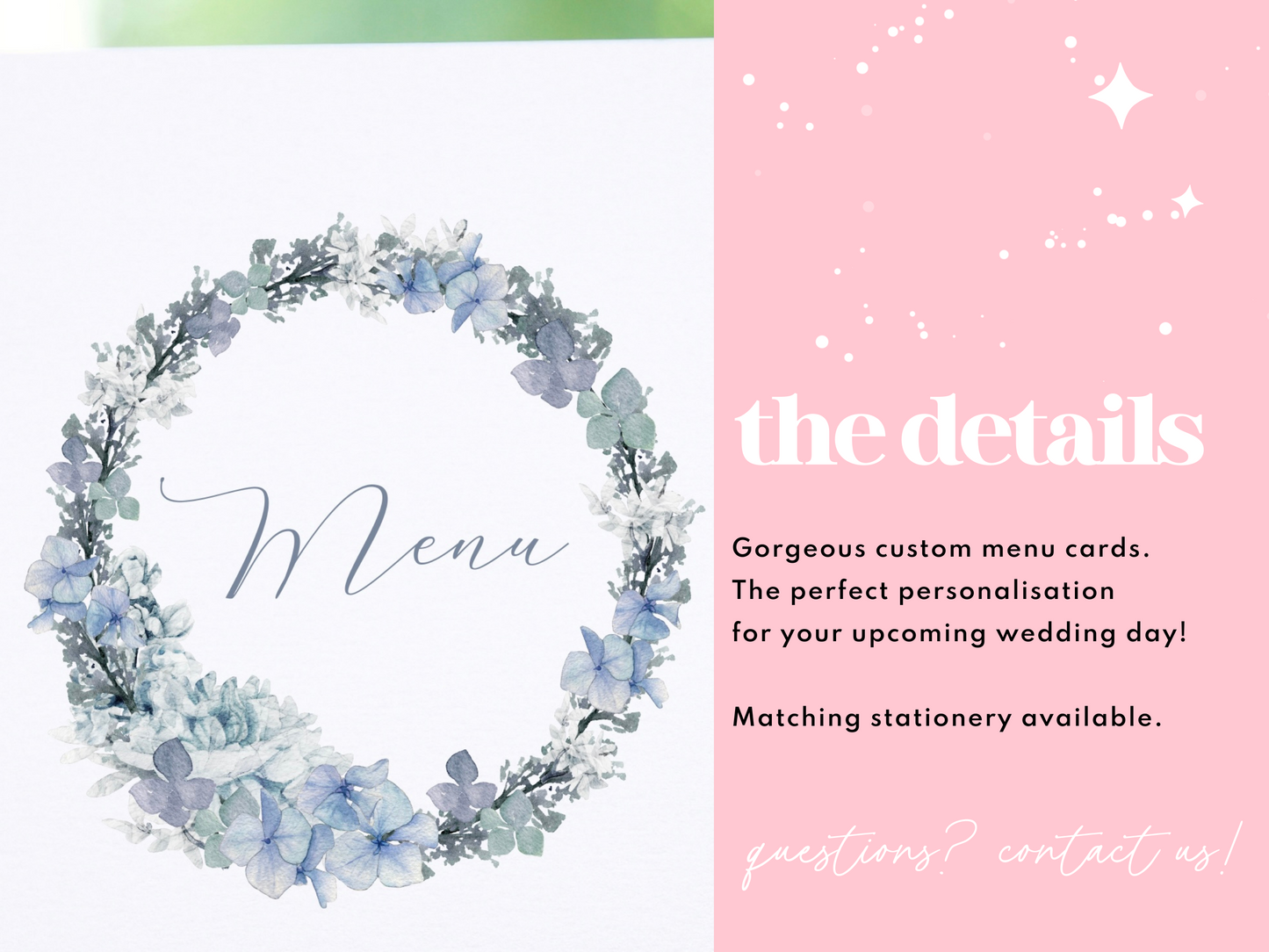 Wedding menu cards | Dusty blue wedding stationery | Menu cards for wedding table