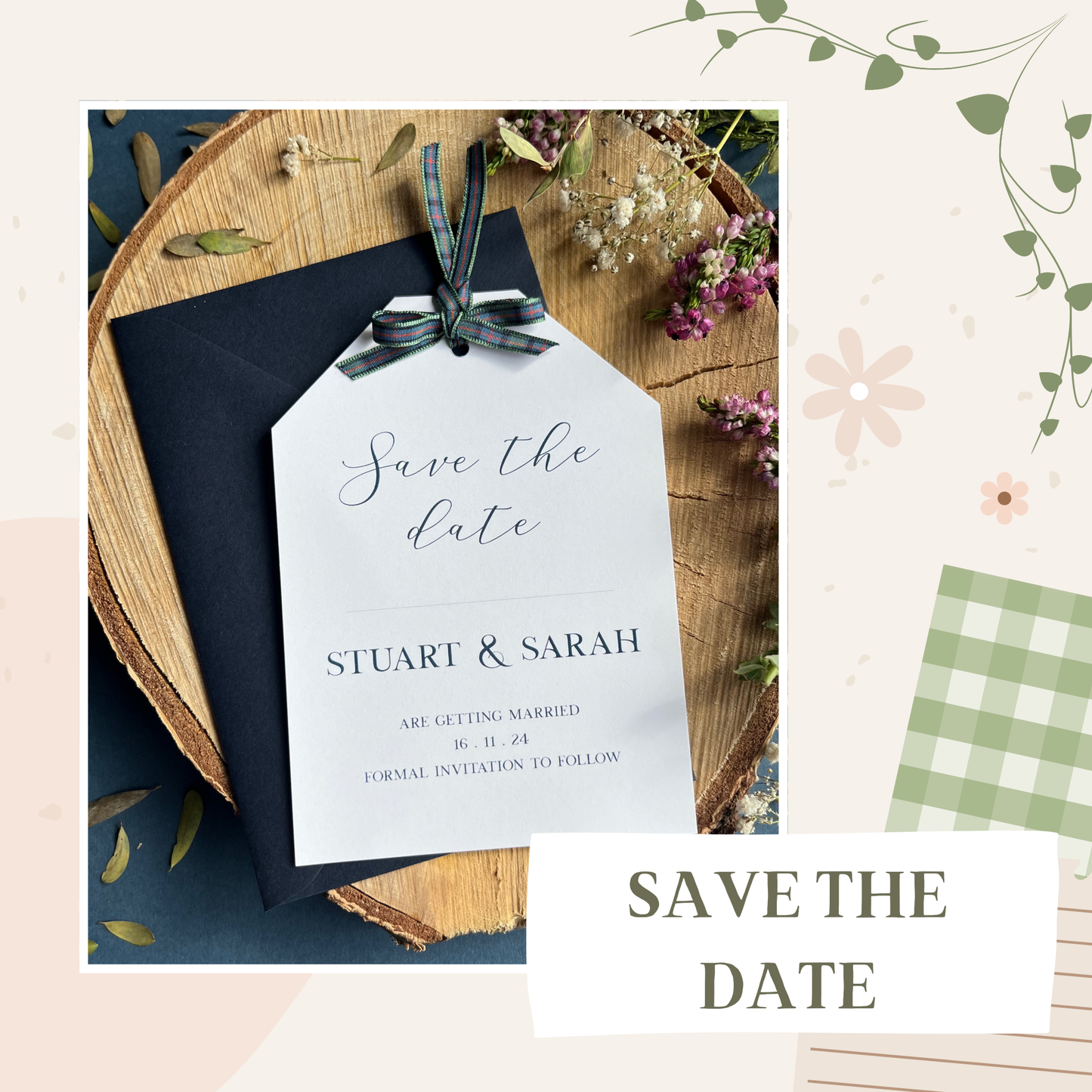 Save the date with tartan ribbon, luggage tag save the date