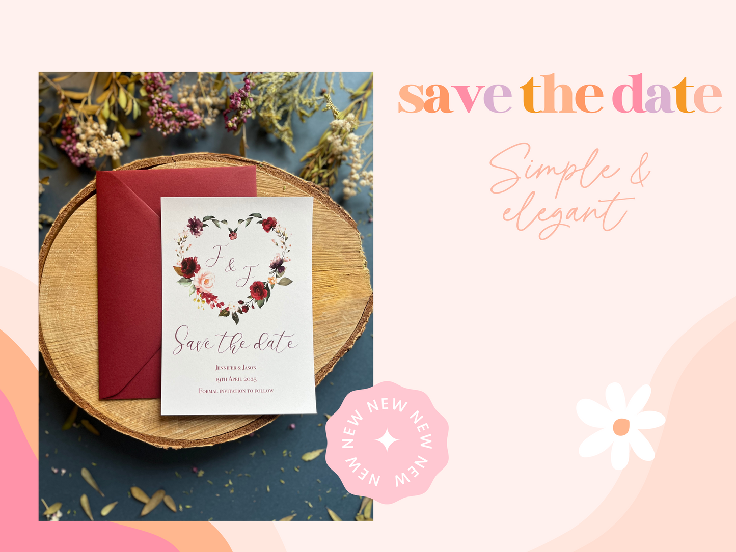 Heart Save the Date Card with Floral Design, Rustic Wedding Stationery