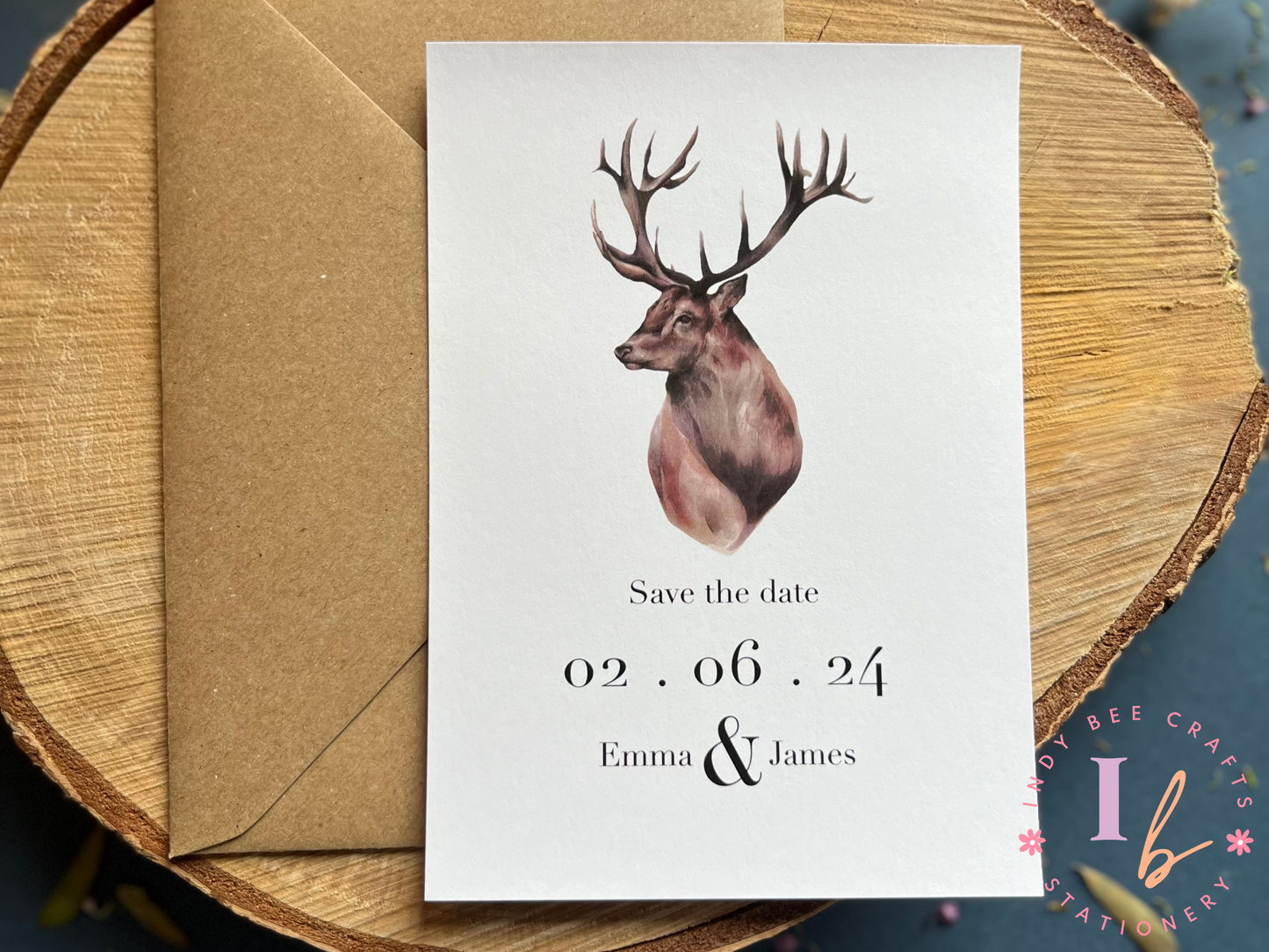 Rustic save the date with Stag design, Scottish themed wedding invitations