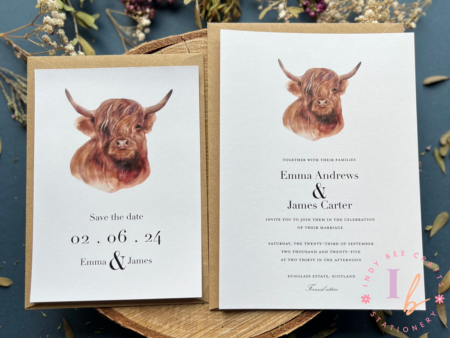 Wedding Stationery Bundle- Highland Cow Save the Date and Invitation Set