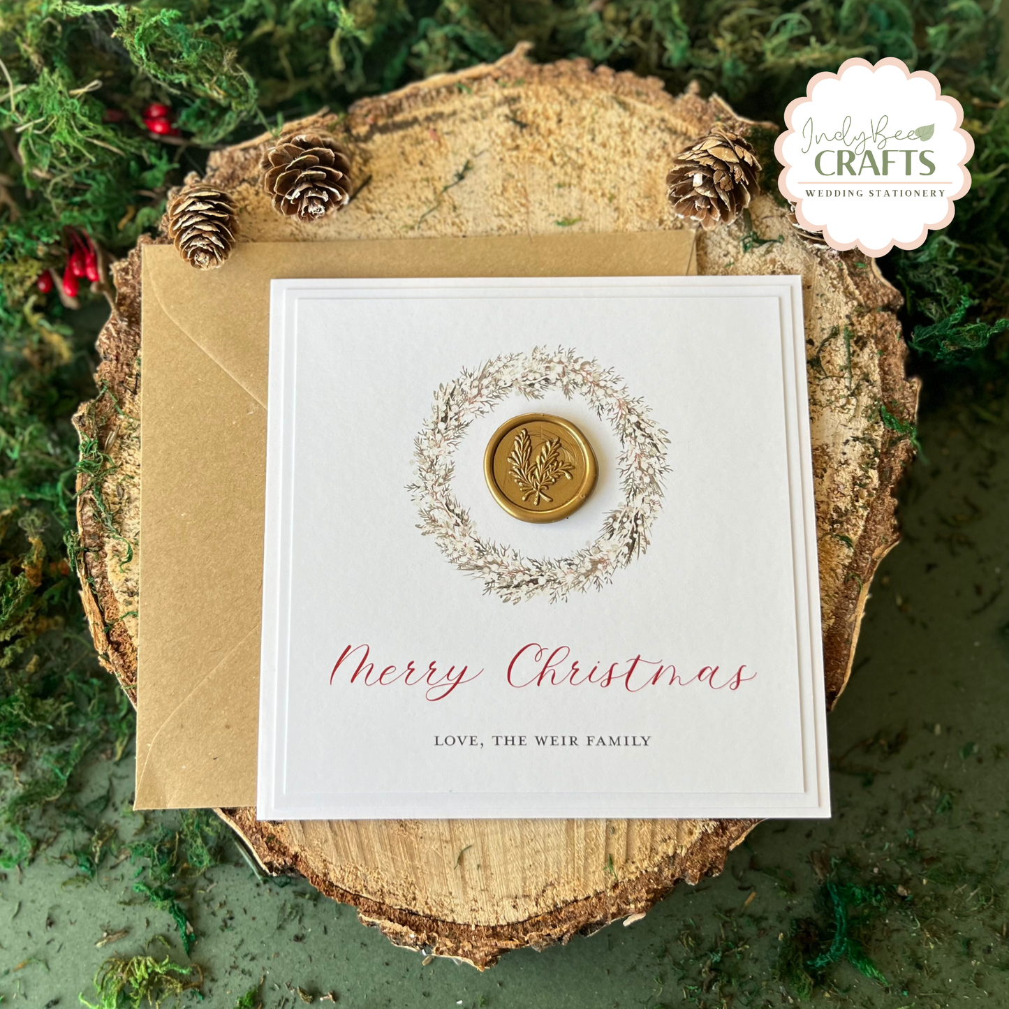 Rustic Wreath Personalised Christmas Card with Wax Seal