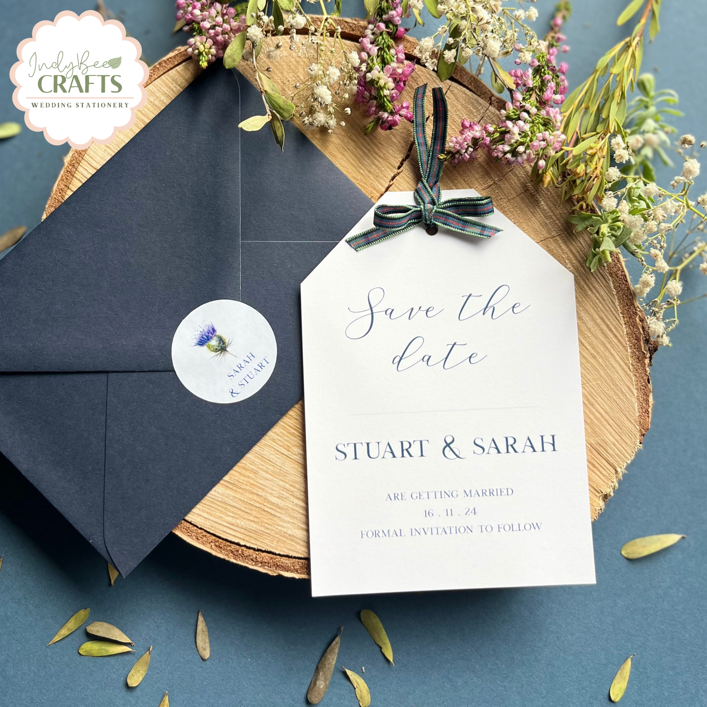 Save the date with tartan ribbon, luggage tag save the date