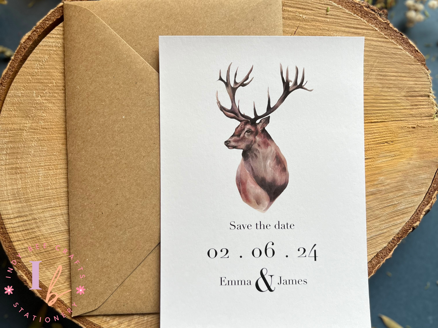 Rustic save the date with Stag design, Scottish themed wedding invitations