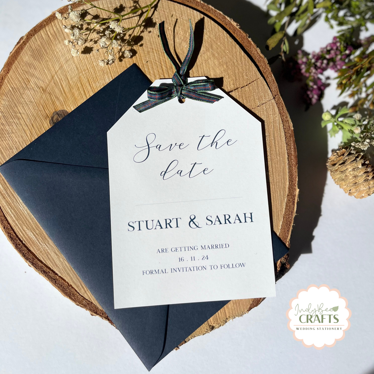 Save the date with tartan ribbon, luggage tag save the date