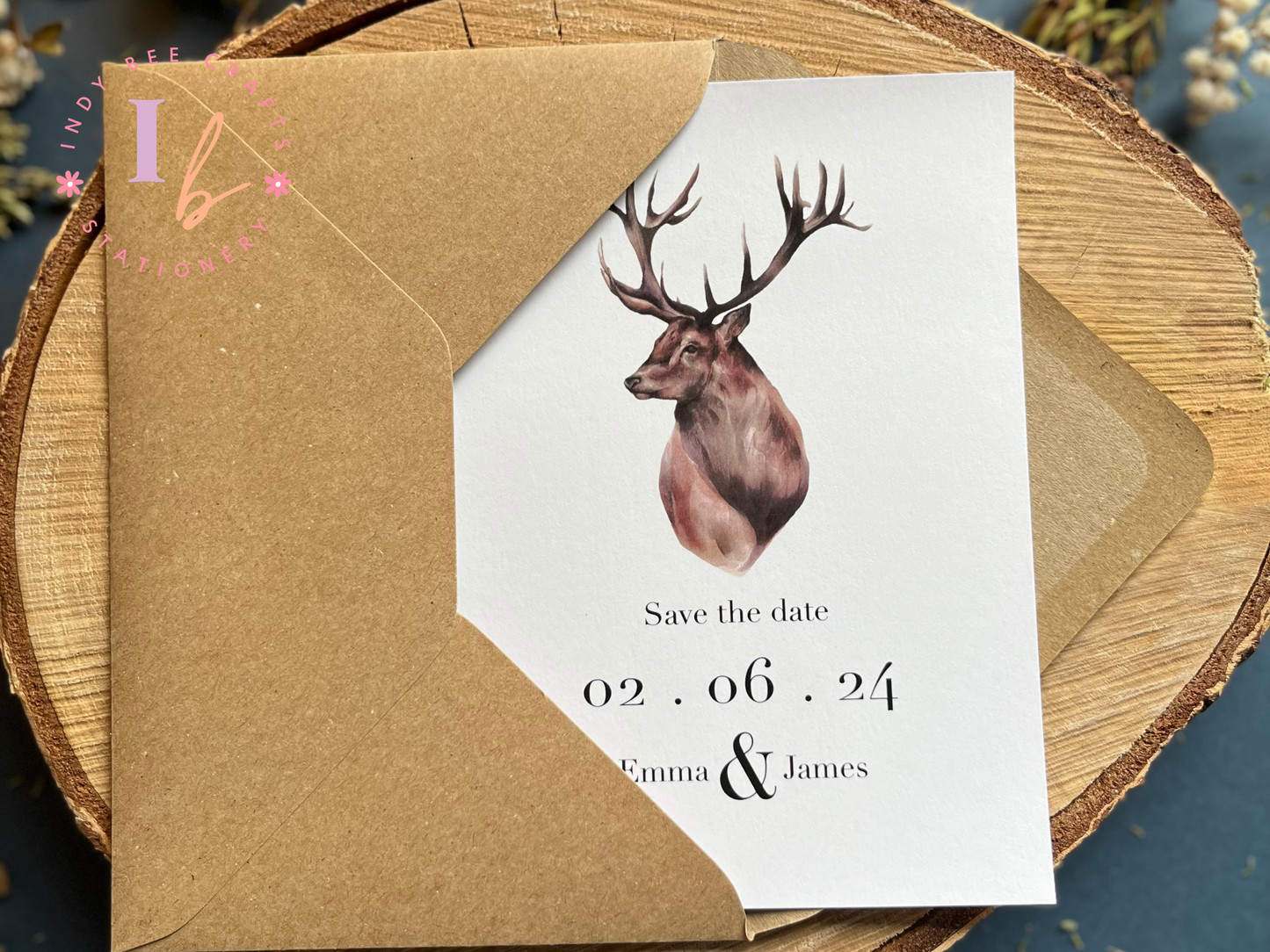 Rustic save the date with Stag design, Scottish themed wedding invitations