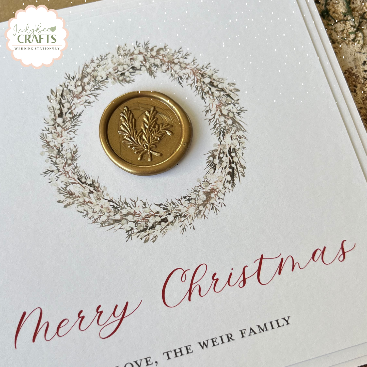 Rustic Wreath Personalised Christmas Card with Wax Seal