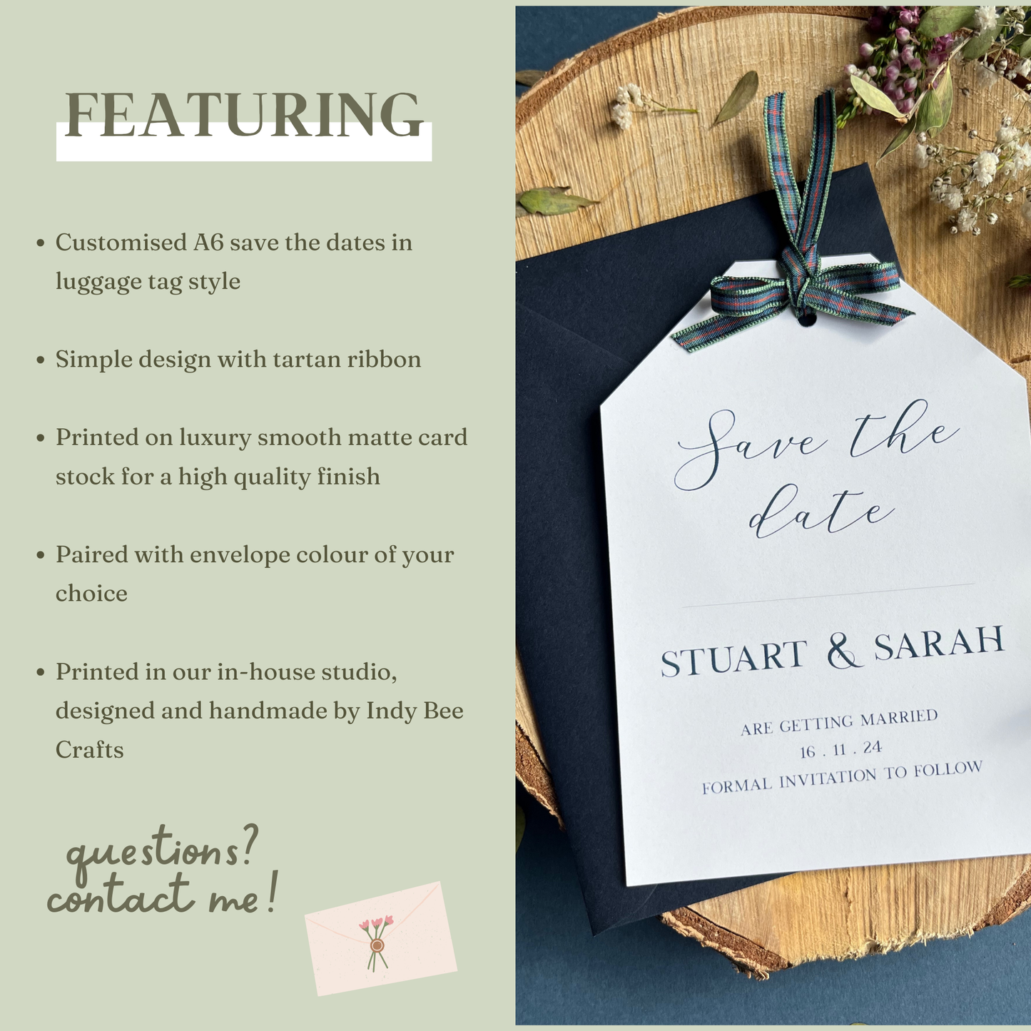 Save the date with tartan ribbon, luggage tag save the date