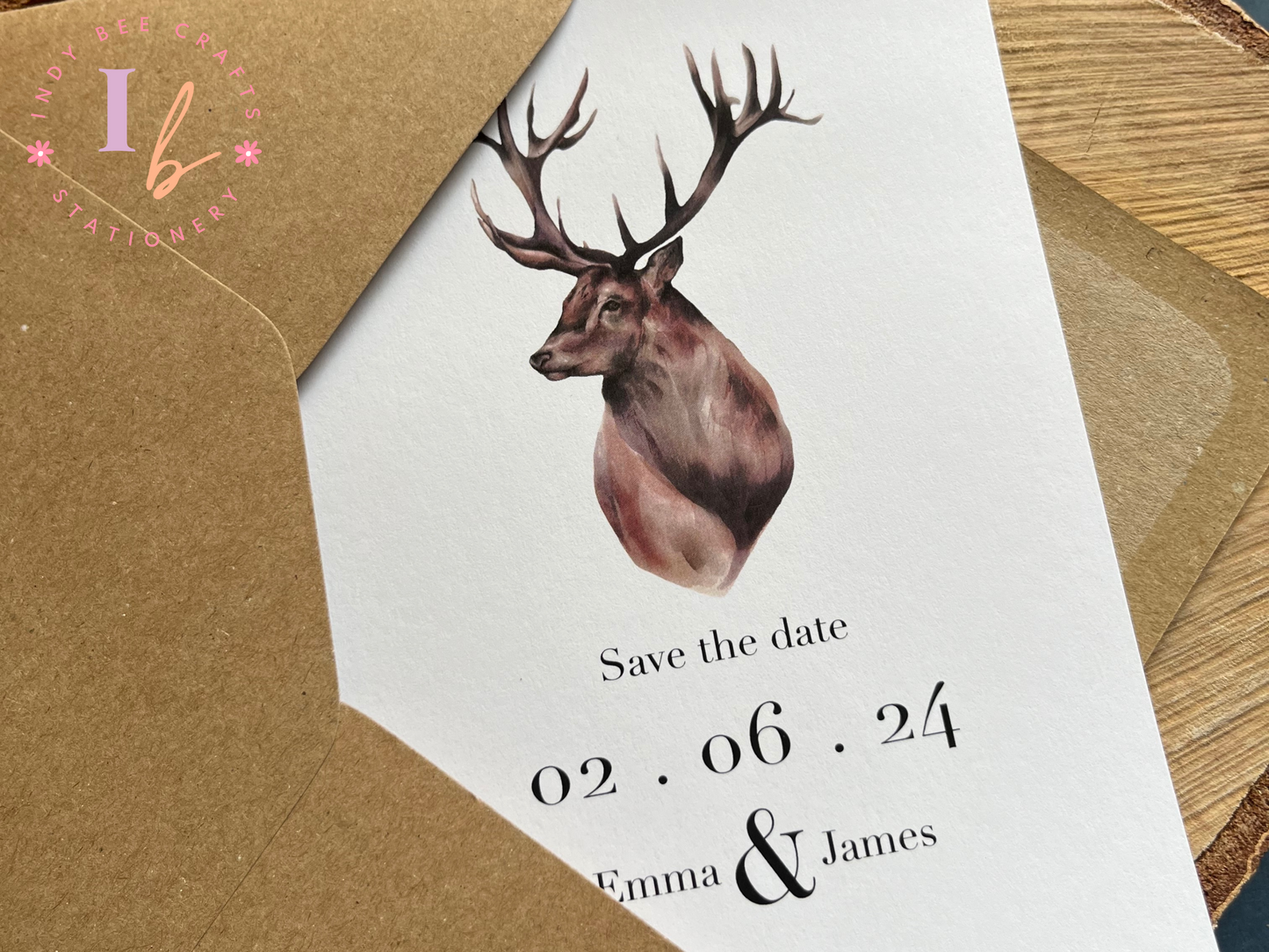 Rustic save the date with Stag design, Scottish themed wedding invitations