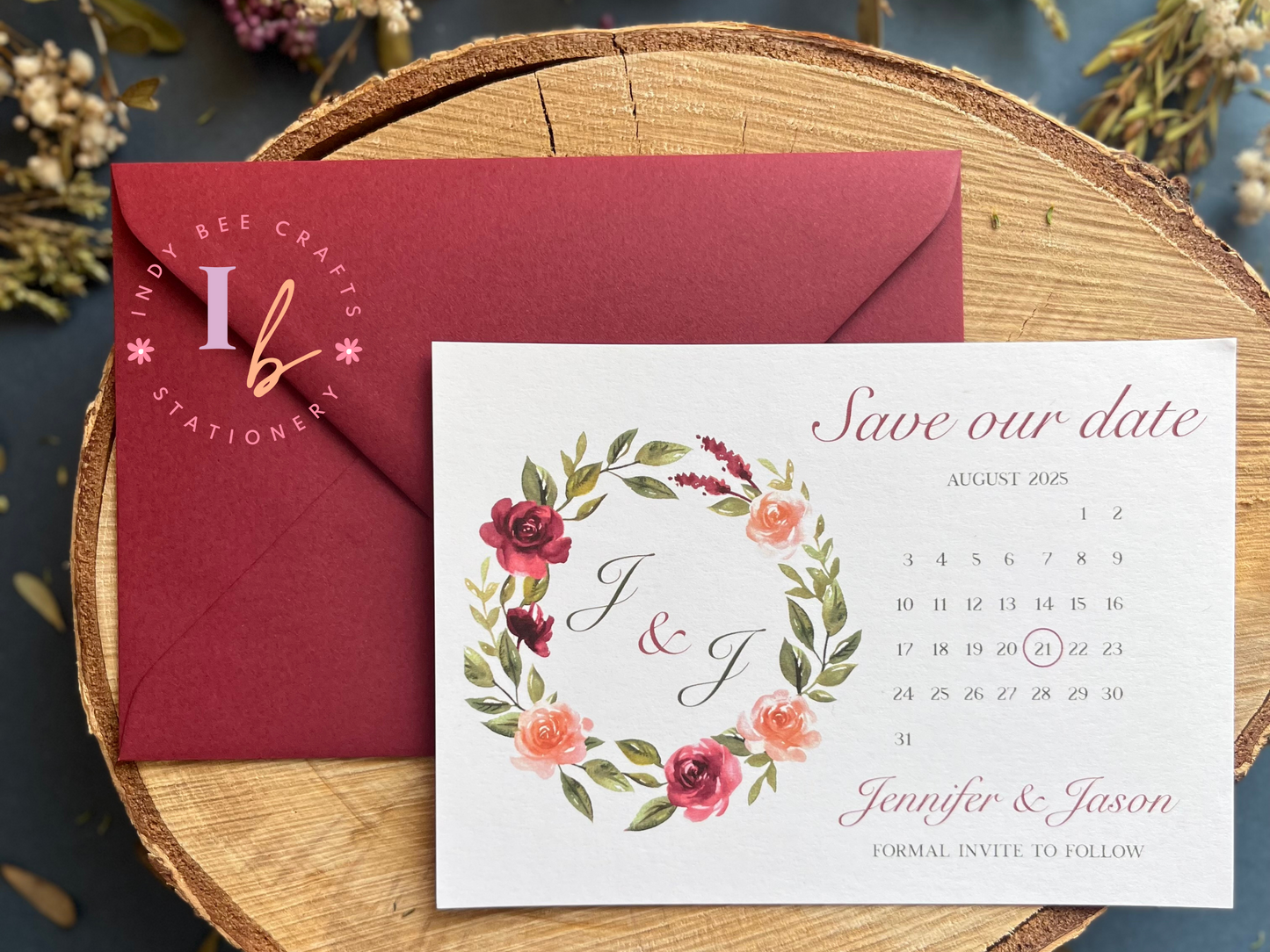 Burgundy Wreath Save the Date | Save our Date Wedding Invitations | Wedding Stationery | Calendar Save the Date