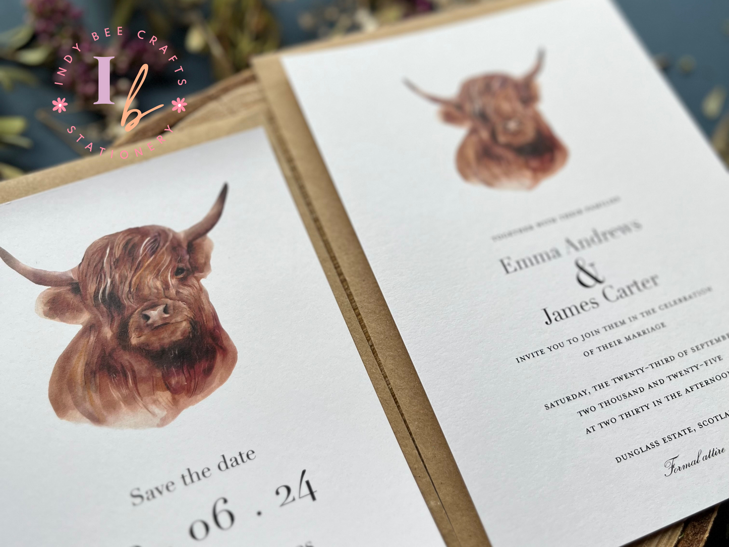 Wedding Stationery Bundle- Highland Cow Save the Date and Invitation Set
