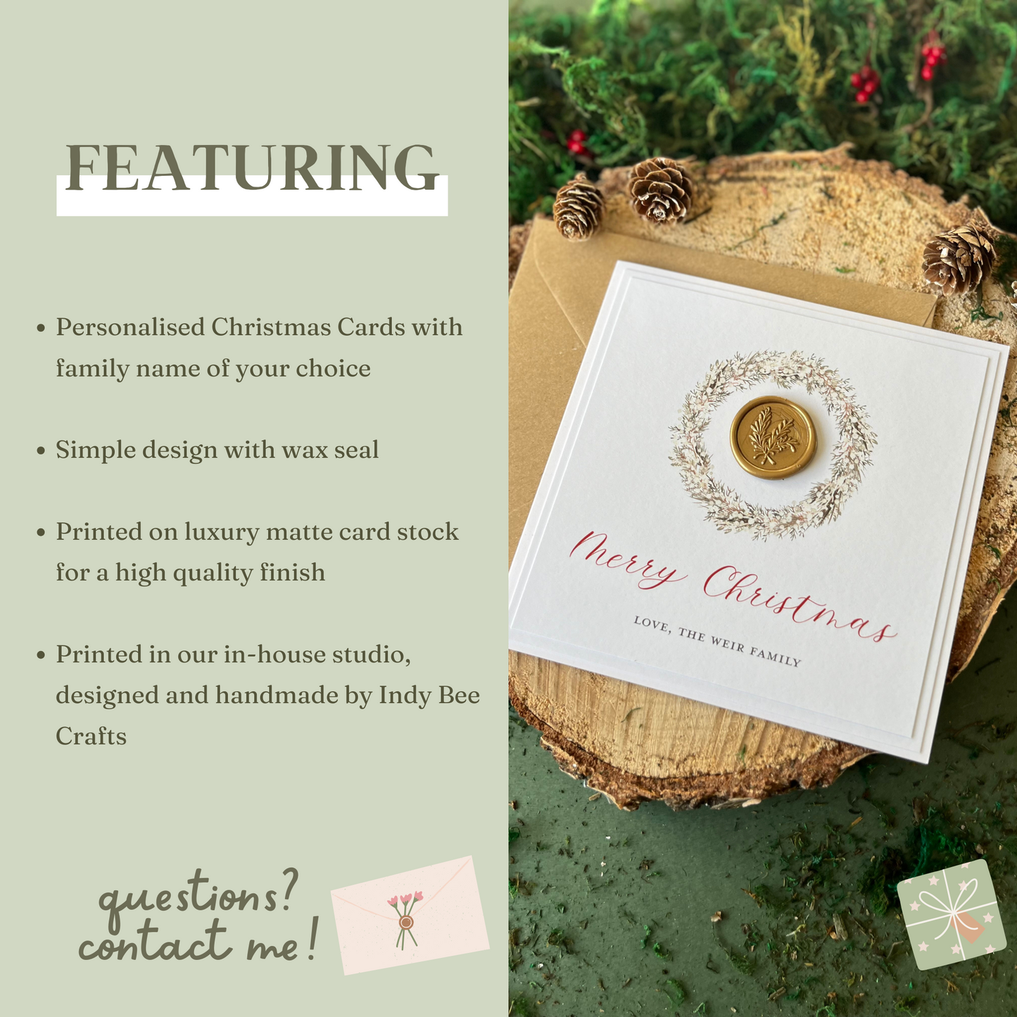 Rustic Wreath Personalised Christmas Card with Wax Seal