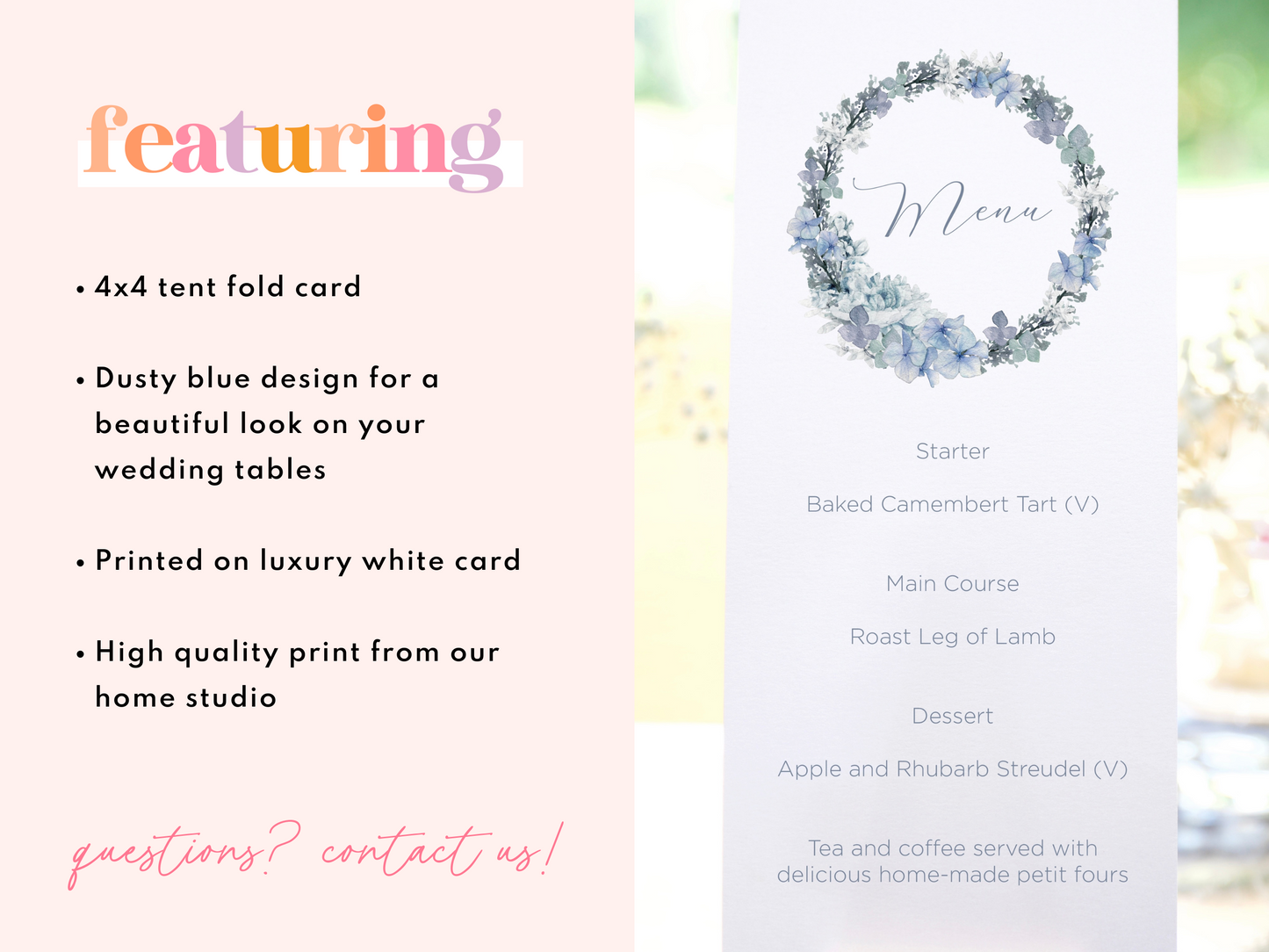Wedding menu cards | Dusty blue wedding stationery | Menu cards for wedding table