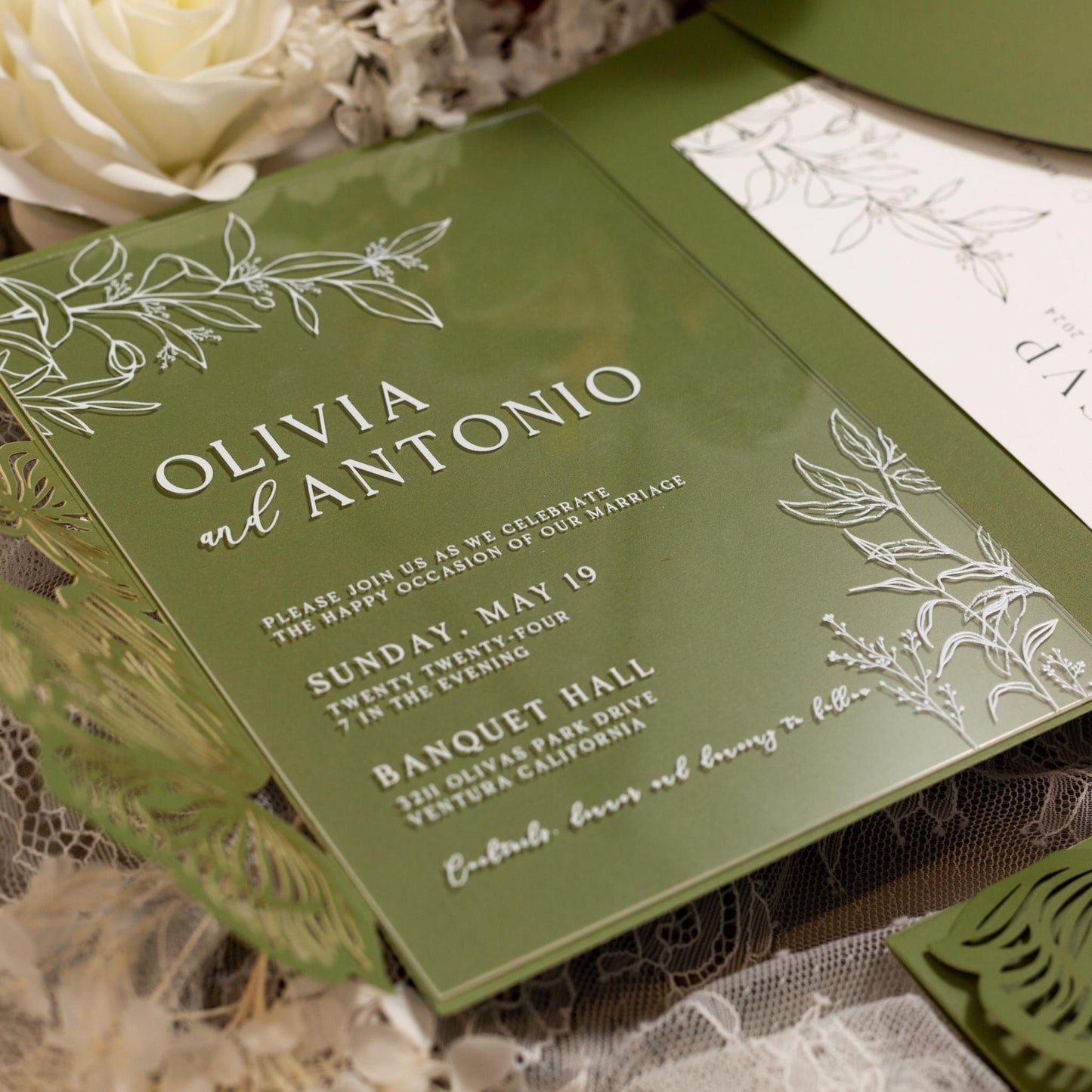 Mid green wedding invitation with acrylic insert
