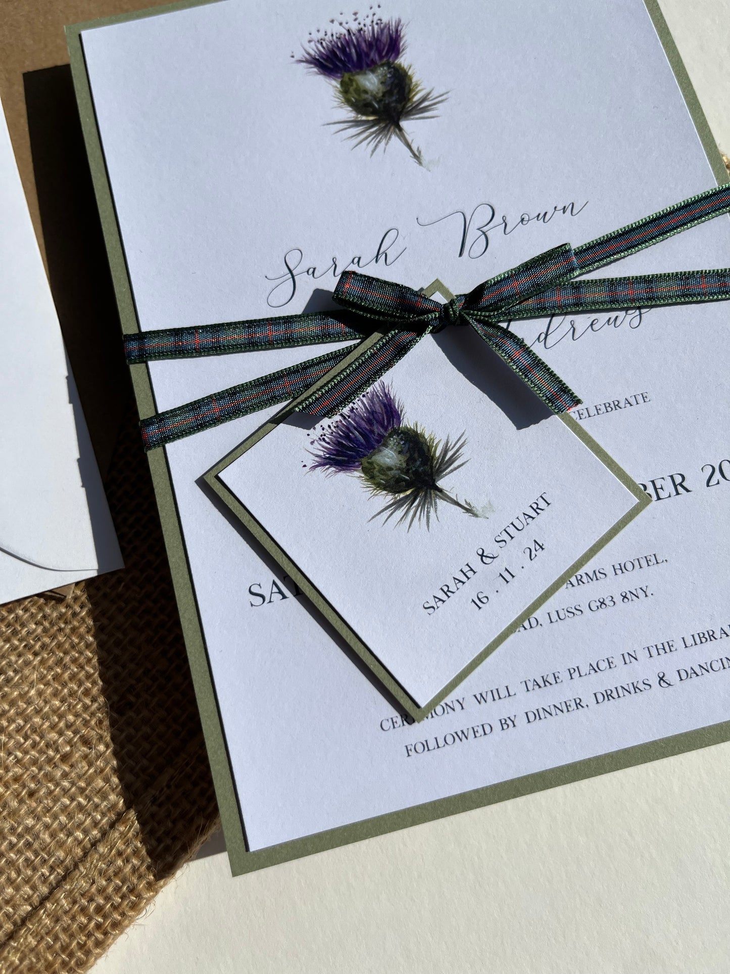 Minimal Thistle Wedding Invitation Set | Rustic Wedding Stationery | Tartan Ribbon | Scottish Wedding