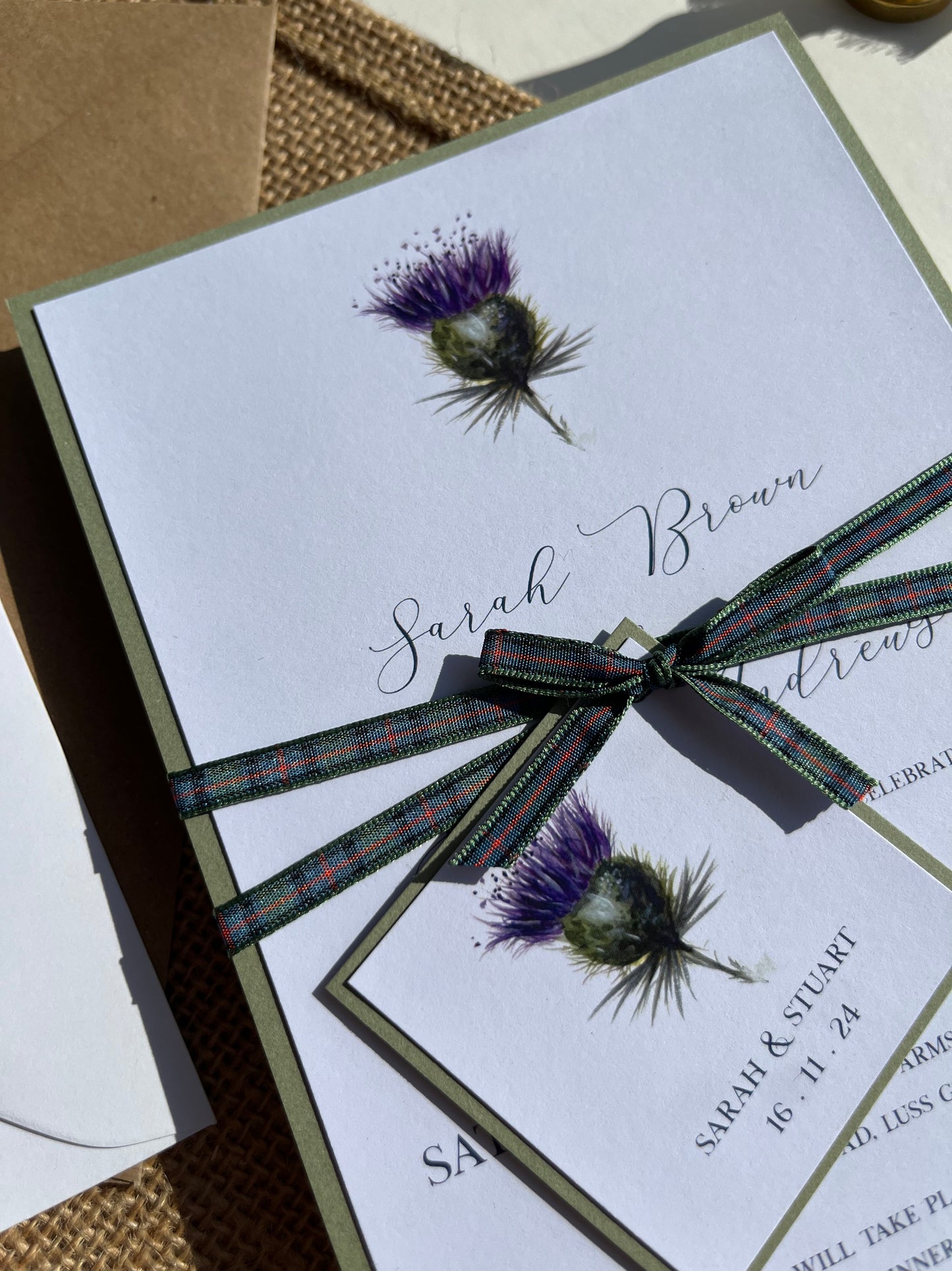 Minimal Thistle Wedding Invitation Set | Rustic Wedding Stationery | Tartan Ribbon | Scottish Wedding