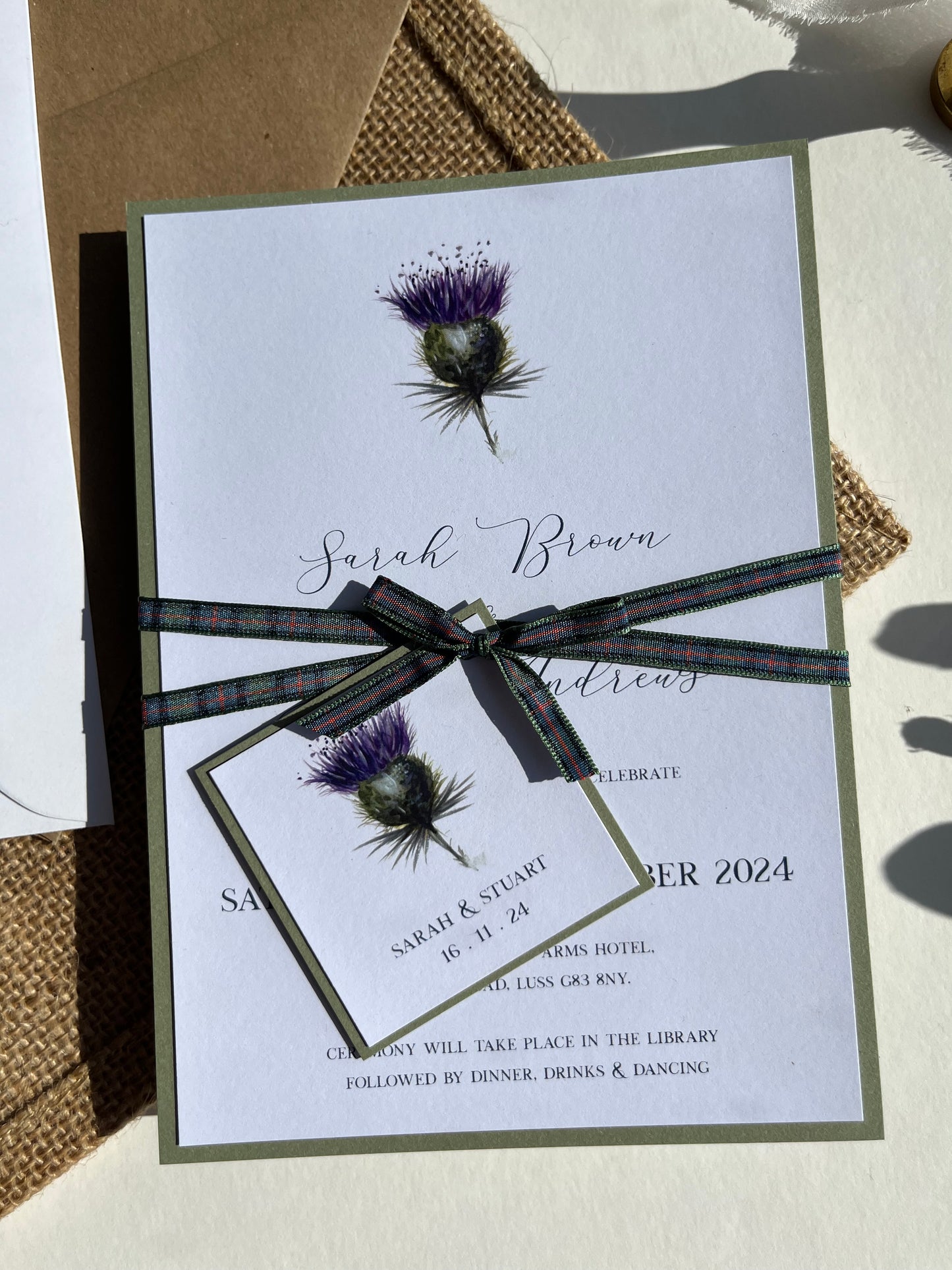 Minimal Thistle Wedding Invitation Set | Rustic Wedding Stationery | Tartan Ribbon | Scottish Wedding