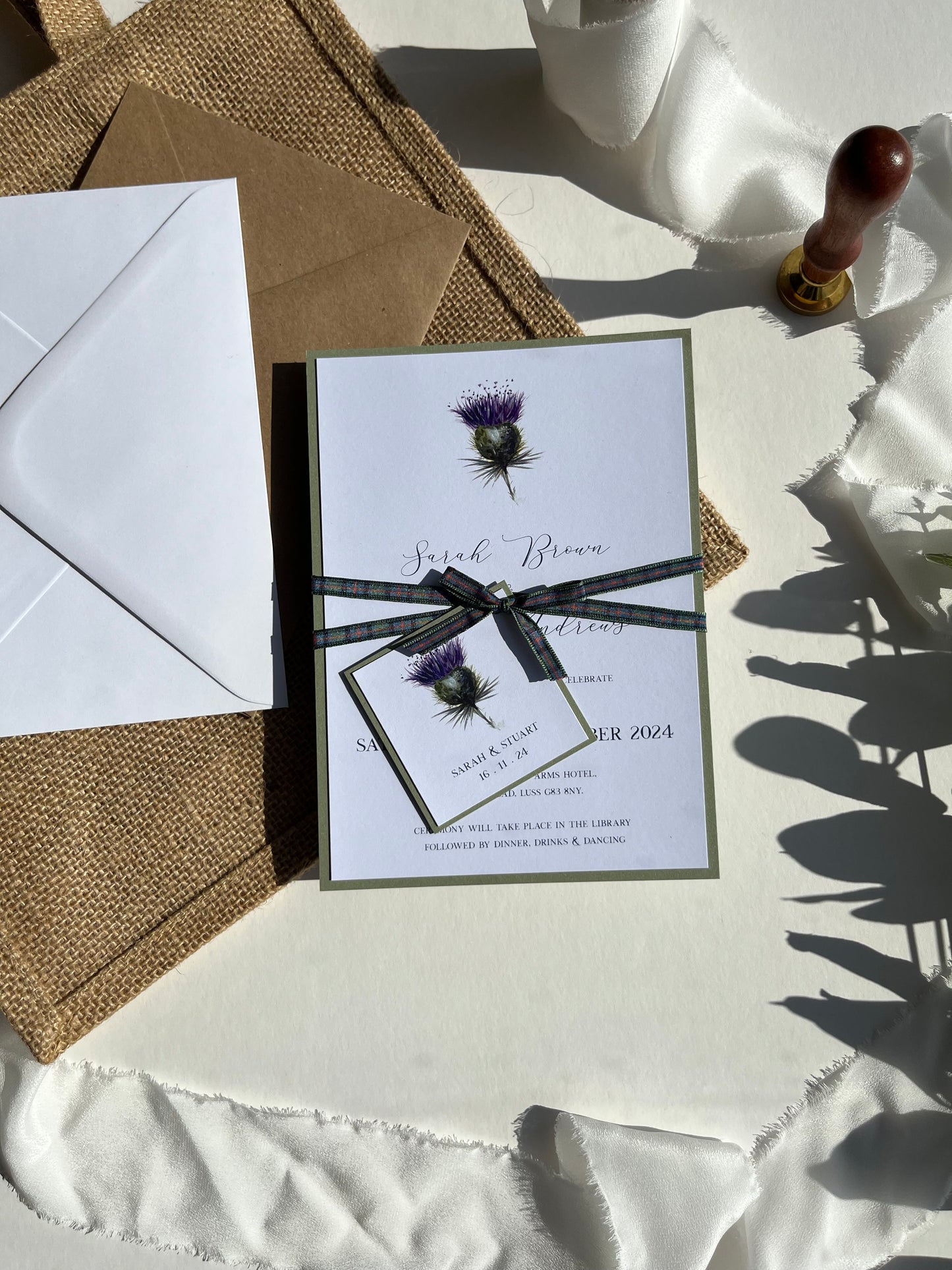 Minimal Thistle Wedding Invitation Set | Rustic Wedding Stationery | Tartan Ribbon | Scottish Wedding