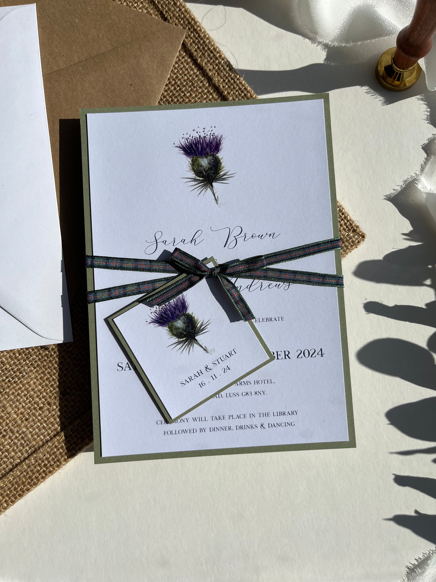 Minimal Thistle Wedding Invitation Set | Rustic Wedding Stationery | Tartan Ribbon | Scottish Wedding