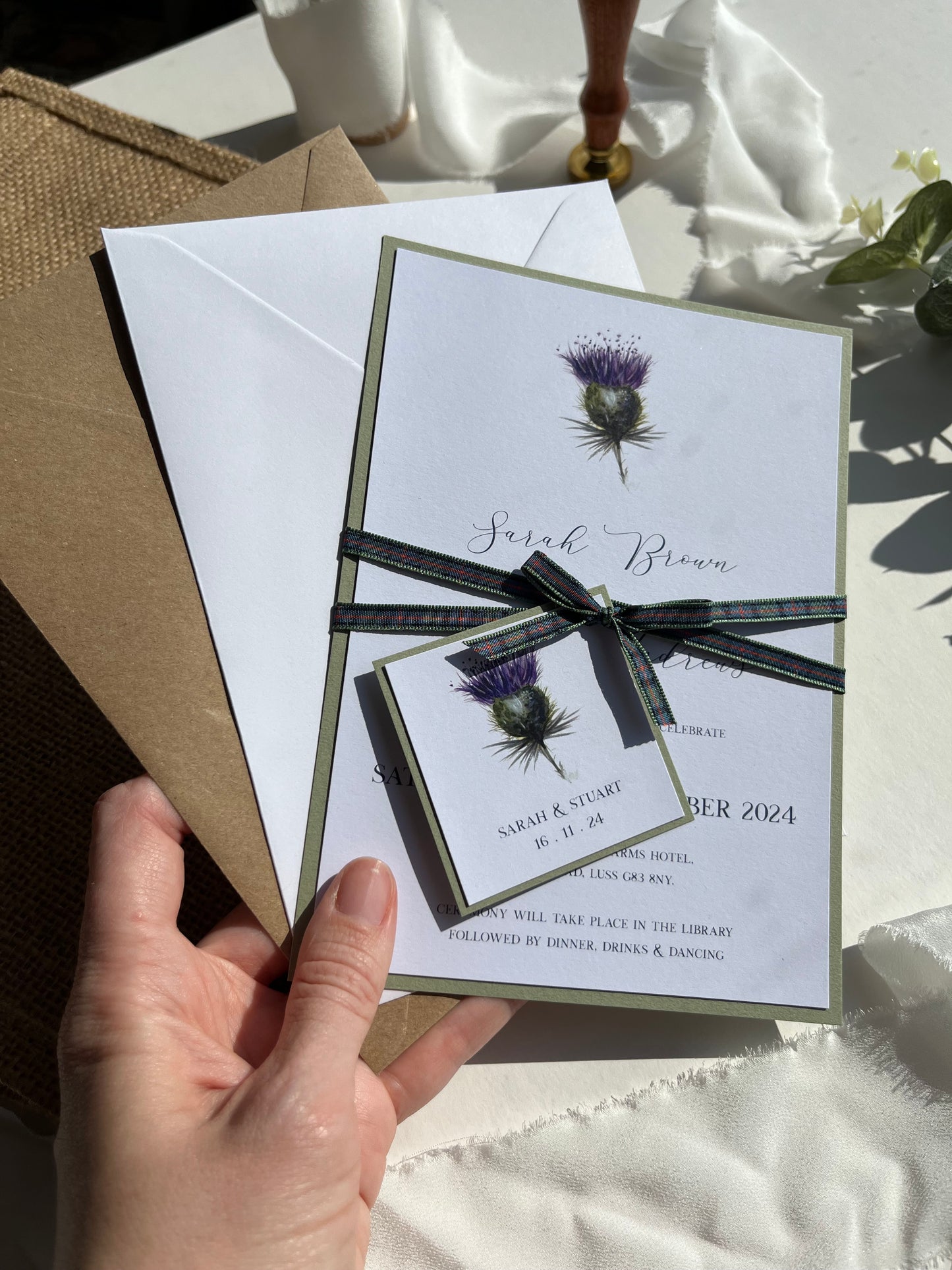 Minimal Thistle Wedding Invitation Set | Rustic Wedding Stationery | Tartan Ribbon | Scottish Wedding