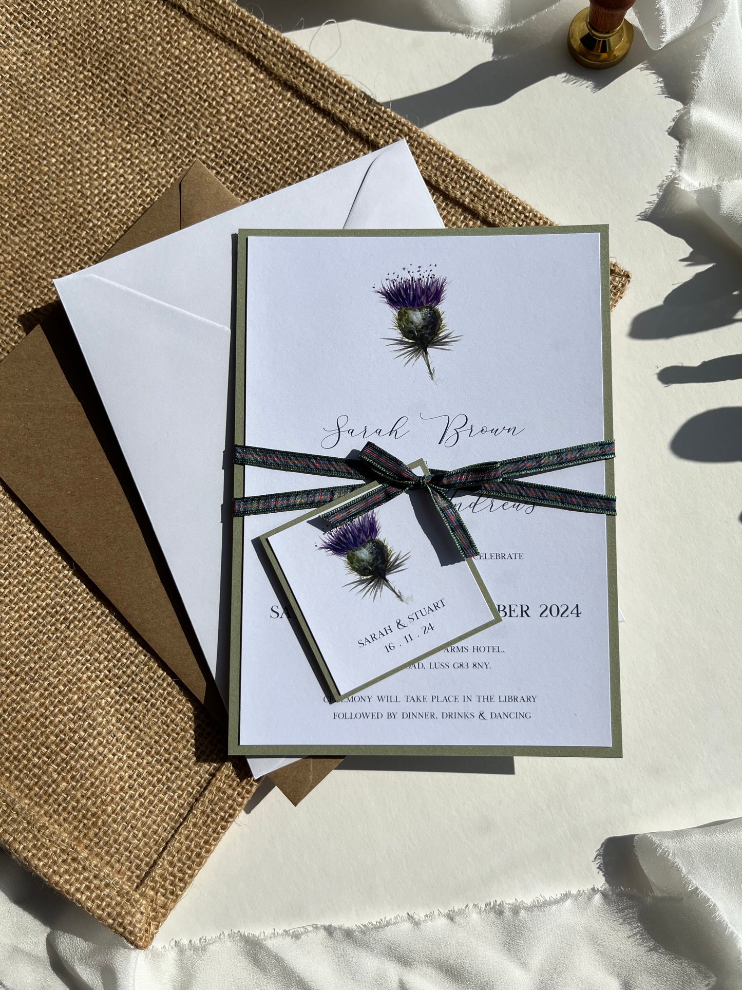 Minimal Thistle Wedding Invitation Set | Rustic Wedding Stationery | Tartan Ribbon | Scottish Wedding