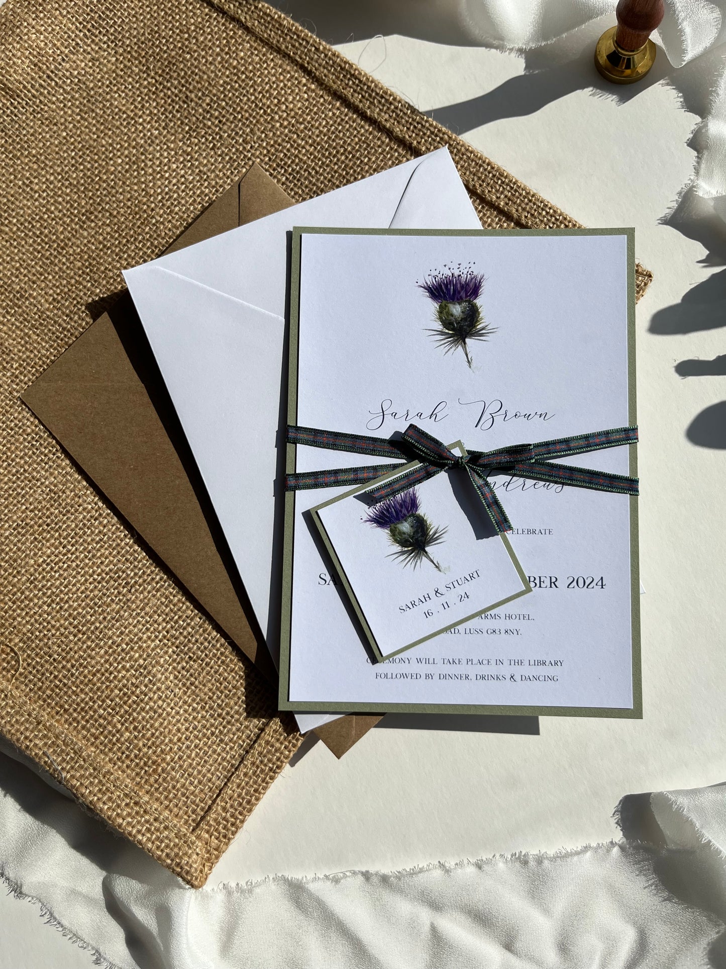 Minimal Thistle Wedding Invitation Set | Rustic Wedding Stationery | Tartan Ribbon | Scottish Wedding