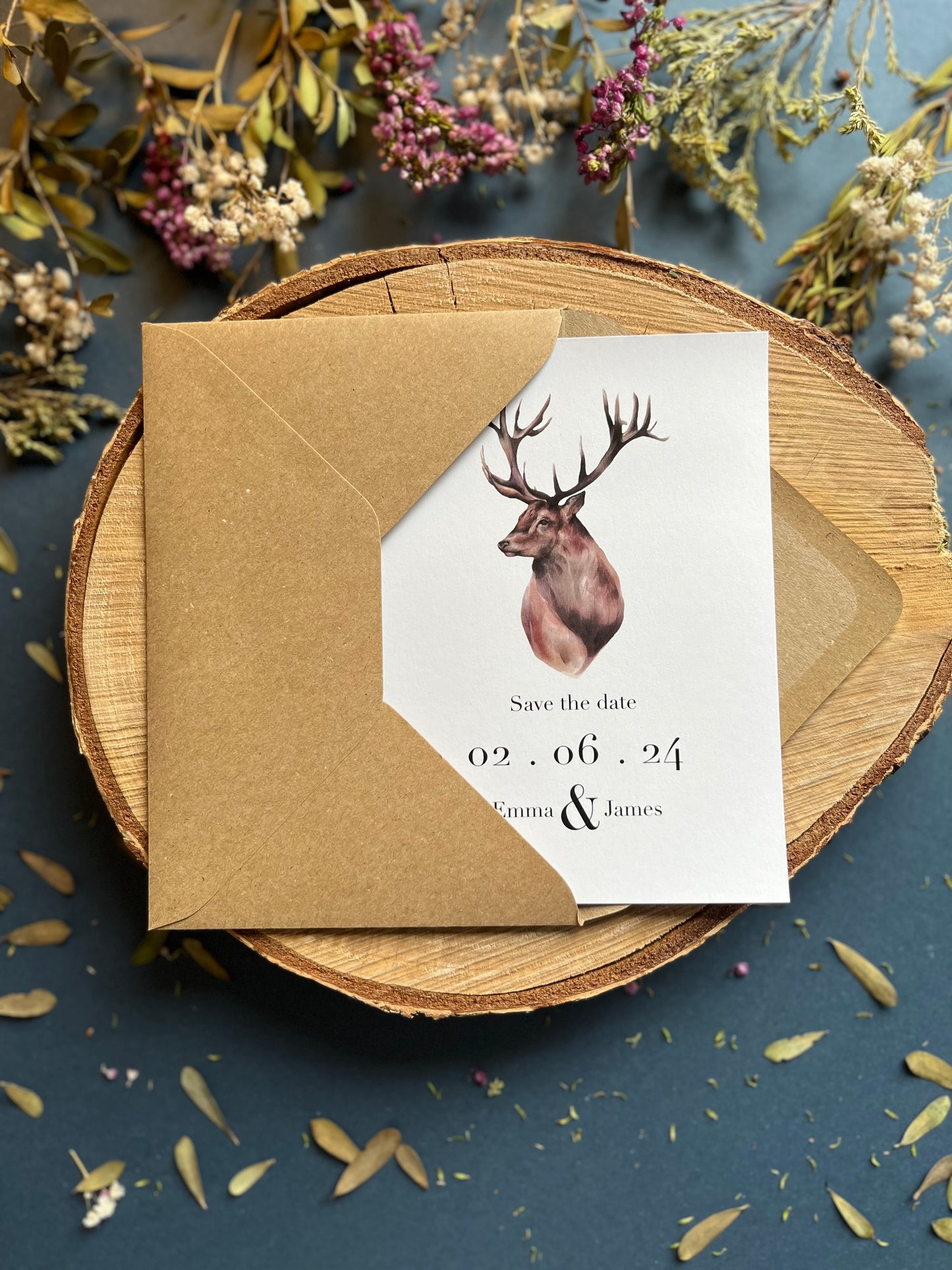 Rustic save the date with Stag design, Scottish themed wedding invitations