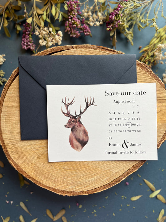 Save the date calendar with watercolour stag design, Rustic save the dates, Scottish wedding invitations