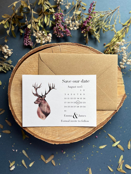 Save the Date Calendar with Rustic Scottish Stag Design