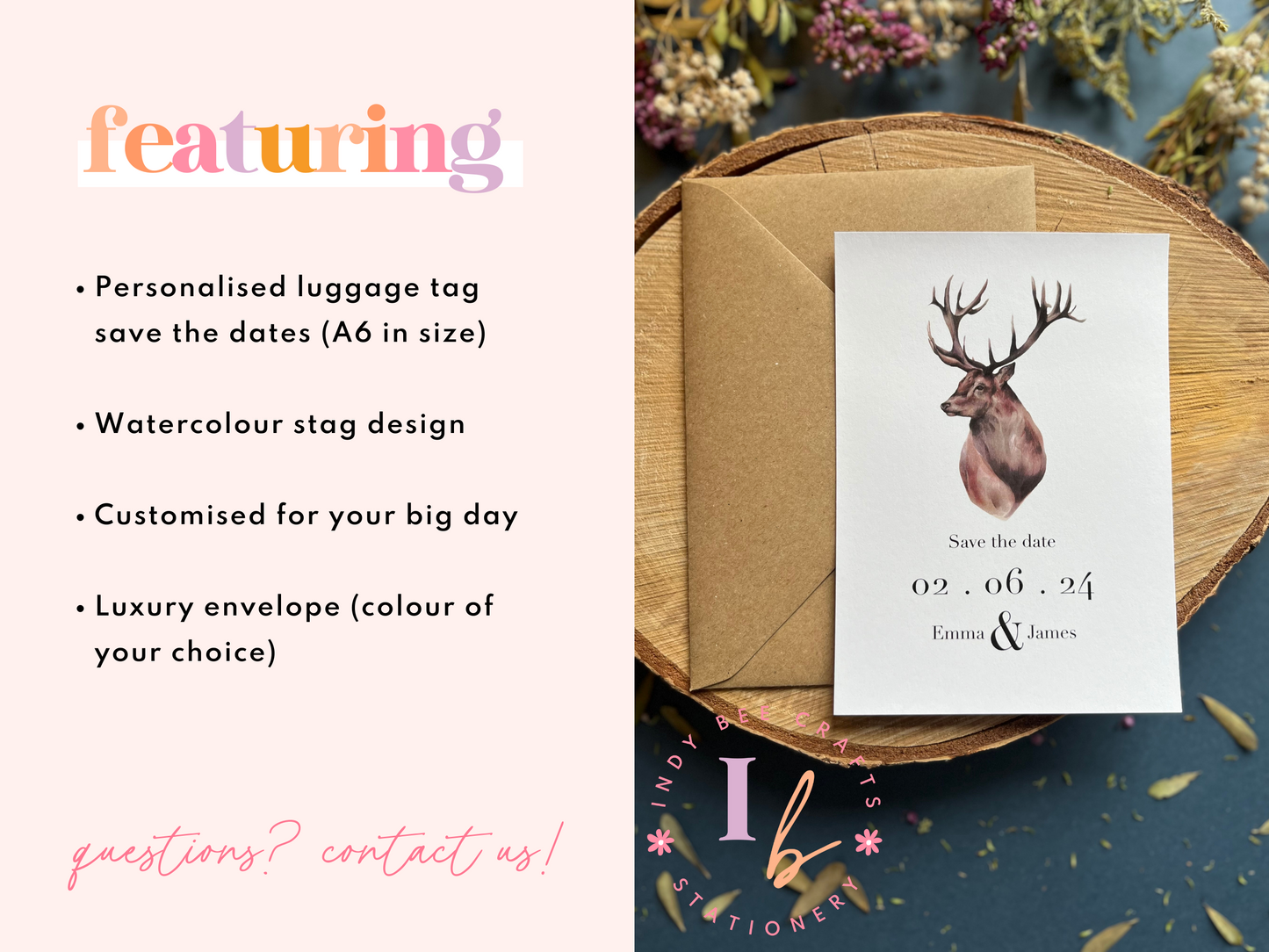 Rustic save the date with Stag design, Scottish themed wedding invitations