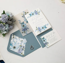 Load image into Gallery viewer, Dusty Blue Wedding Invitations, Vellum Wrap, Envelope Liner, Blue Florals
