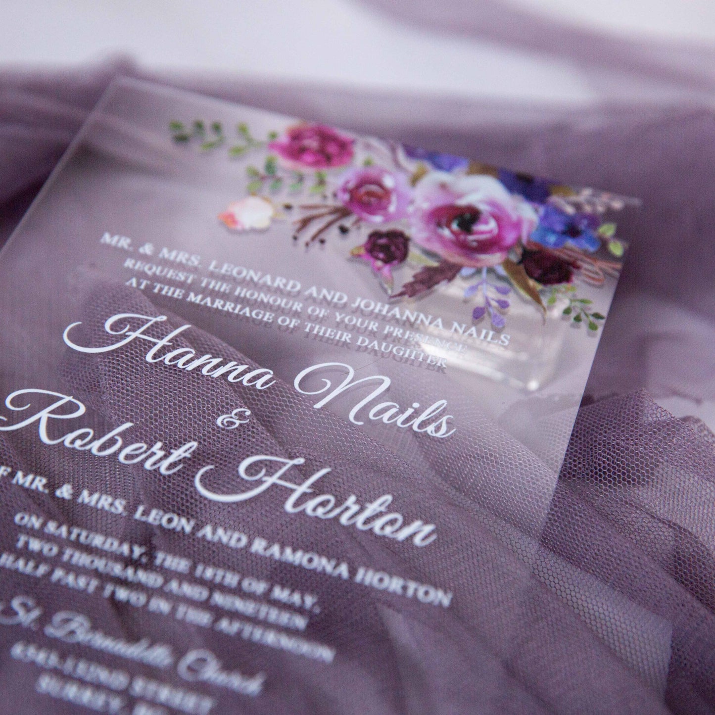 Pink and Purple Floral Acrylic Invitation
