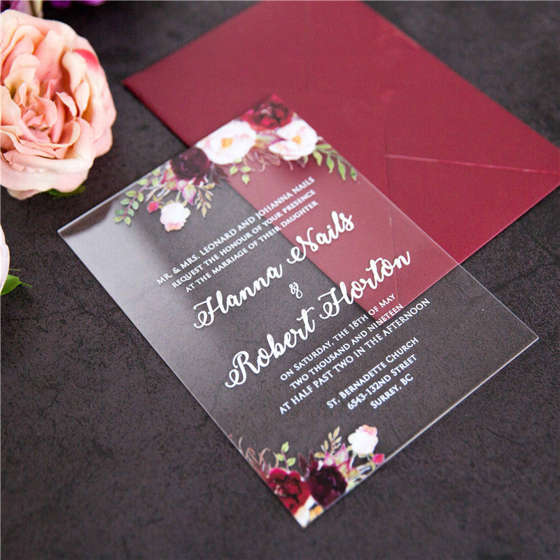 Burgundy Floral Acrylic Invitation