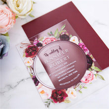 Load image into Gallery viewer, Burgundy &amp; White Floral Wreath Acrylic Invitation
