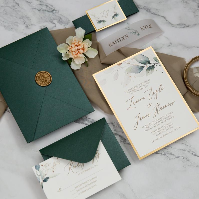 Emerald Green and Gold Wedding Invitation