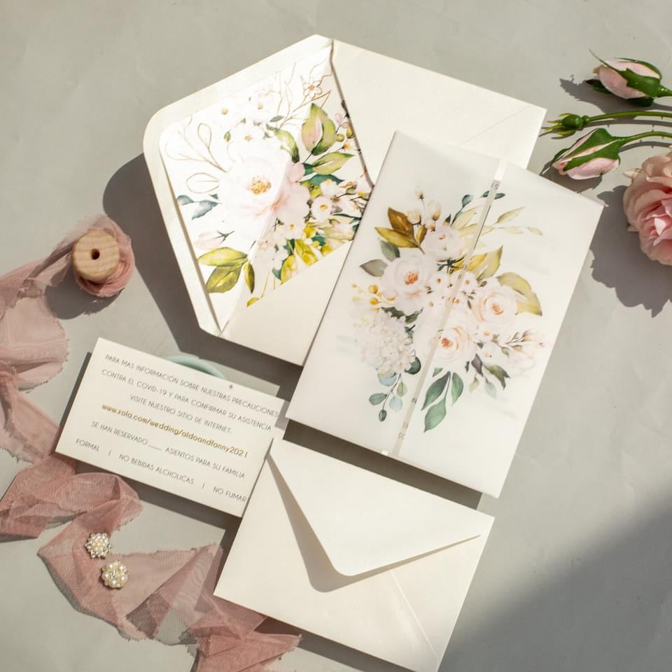 Green and white vellum wrap invitation, soft floral wedding invitation, RSVP included, envelope liner