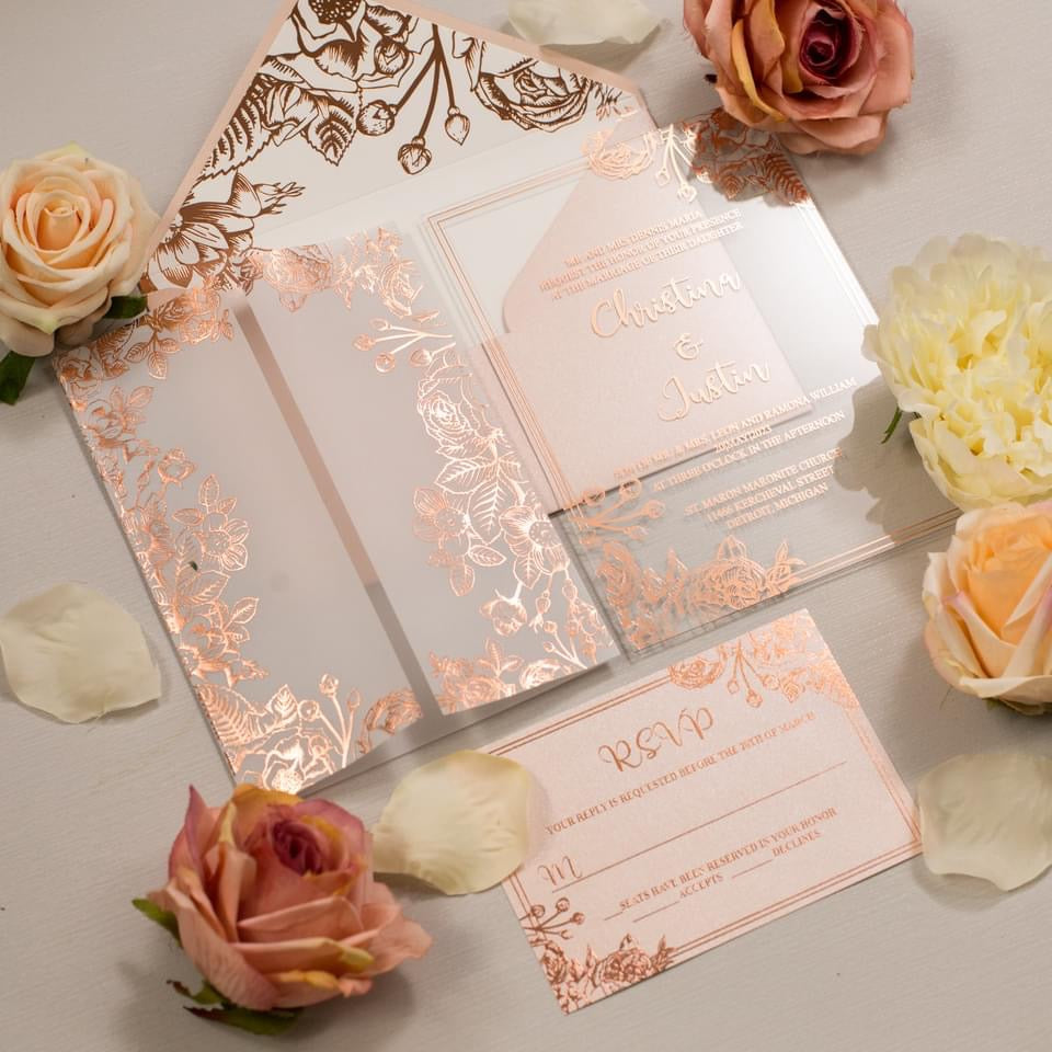 Rose Gold Foil Acrylic Wedding Invitation with Vellum Wrap, RSVP and Foiled Envelope Liner