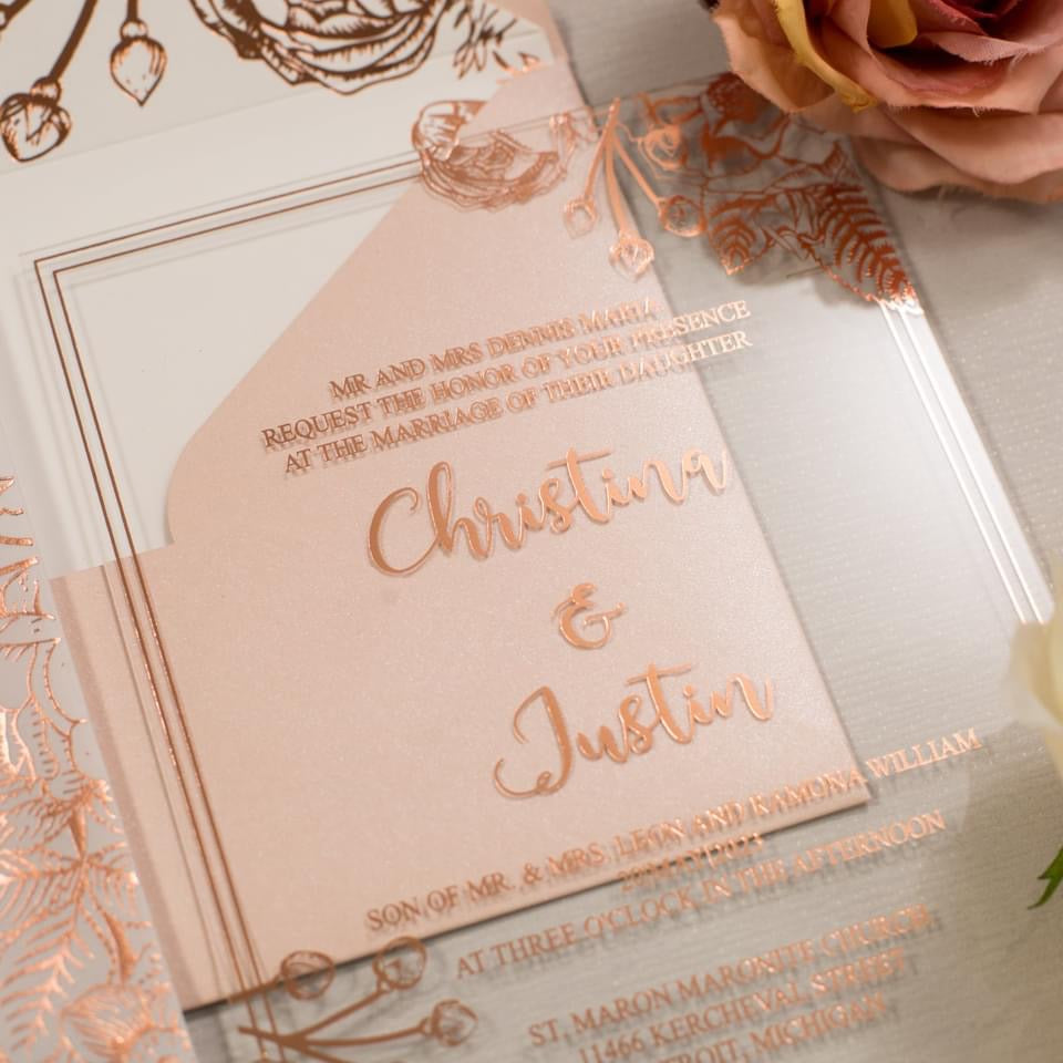 Rose gold acrylic wedding invitations, vellum wrap with watercolor flowers  WS230