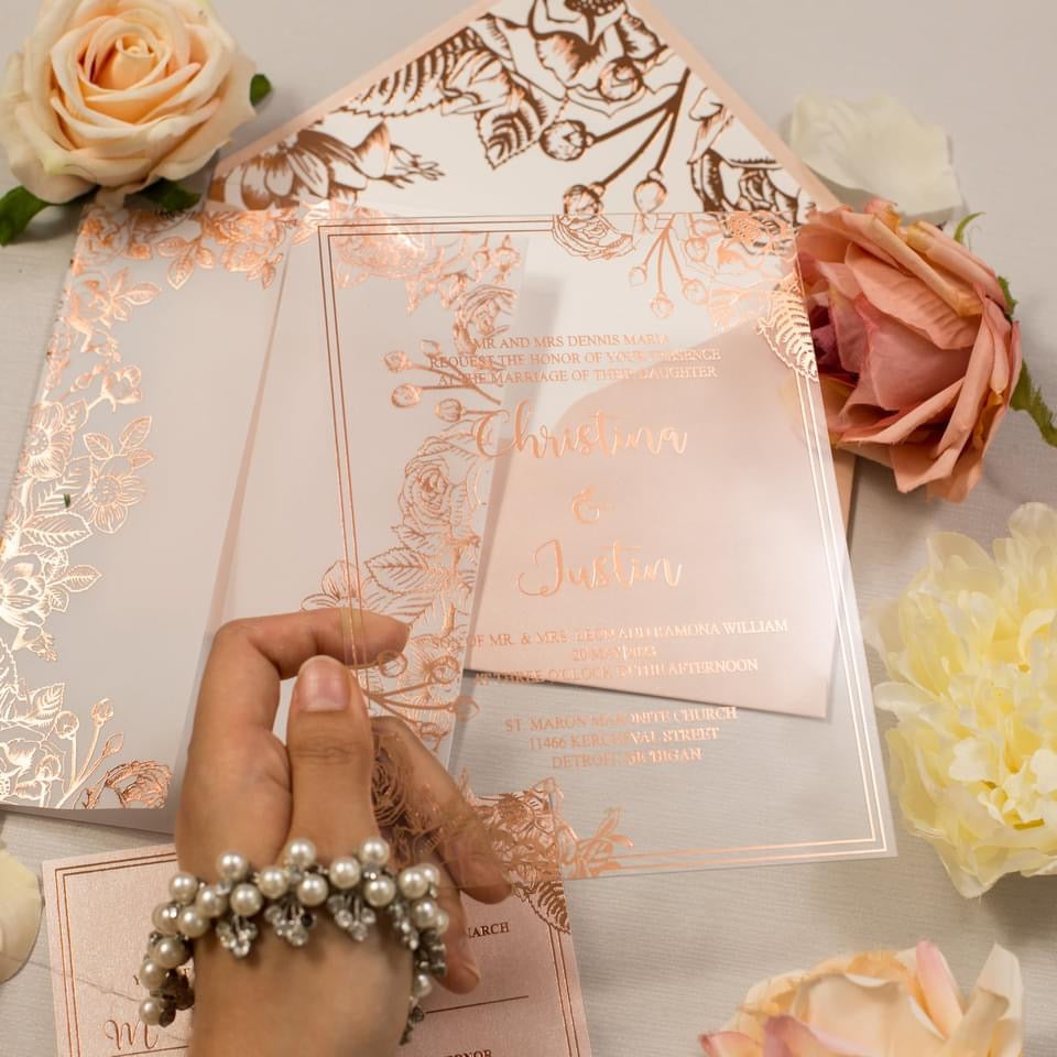 Rose Gold Foil Acrylic Wedding Invitation with Vellum Wrap, RSVP and Foiled Envelope Liner