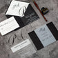 Black and White Monogram Acrylic Invitation, 1mm Acrylic, Black Envelope, Vellum Belly Band, UV Printing