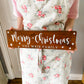 Merry Christmas Free Standing Wooden Sign, Dark Walnut Stain, White Writing
