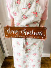 Load image into Gallery viewer, Merry Christmas Free Standing Wooden Sign, Dark Walnut Stain, White Writing
